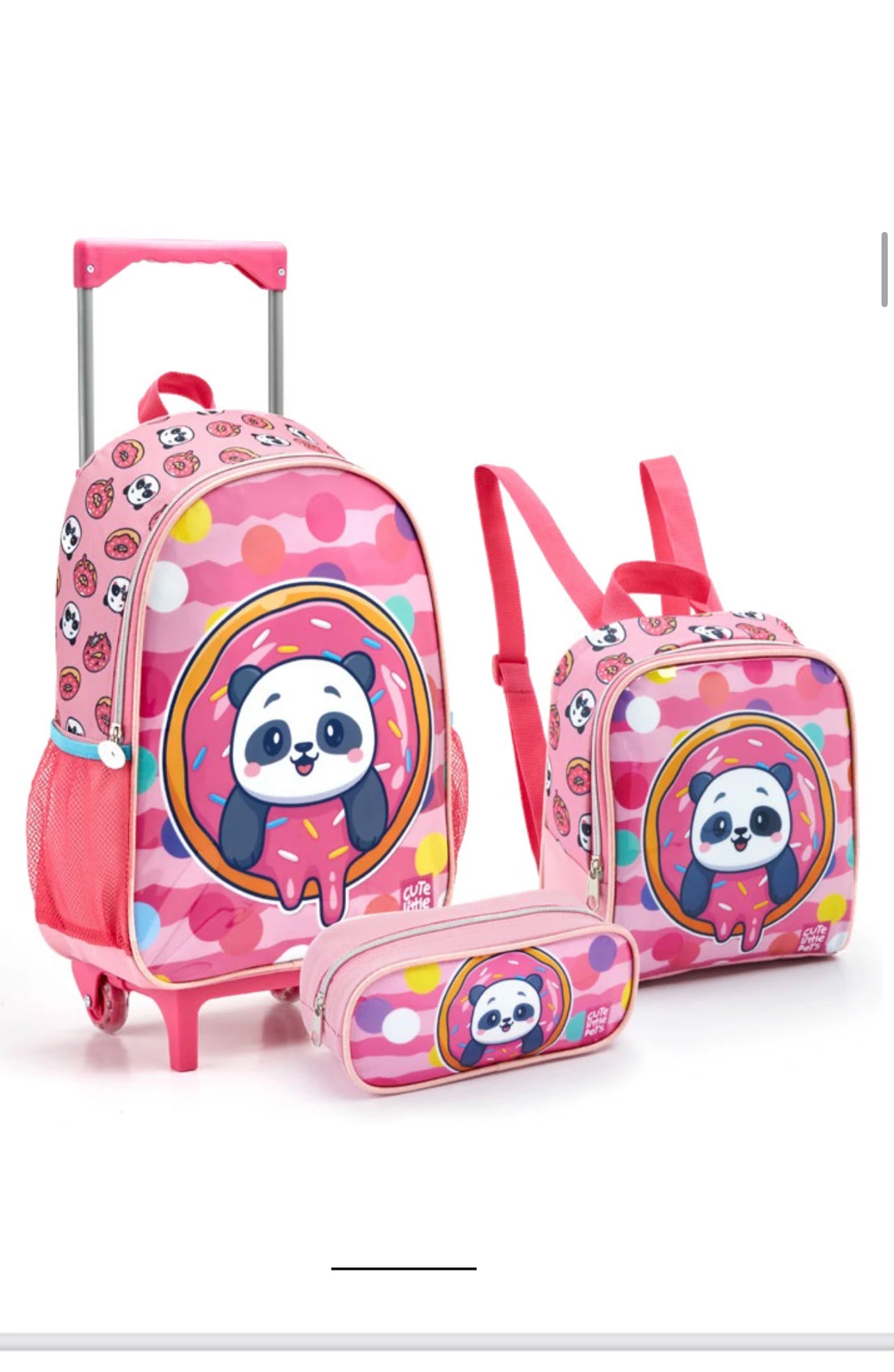 Kit Escolar Infantil Panda - Mochila de Rodinha + Lancheira + Estojo