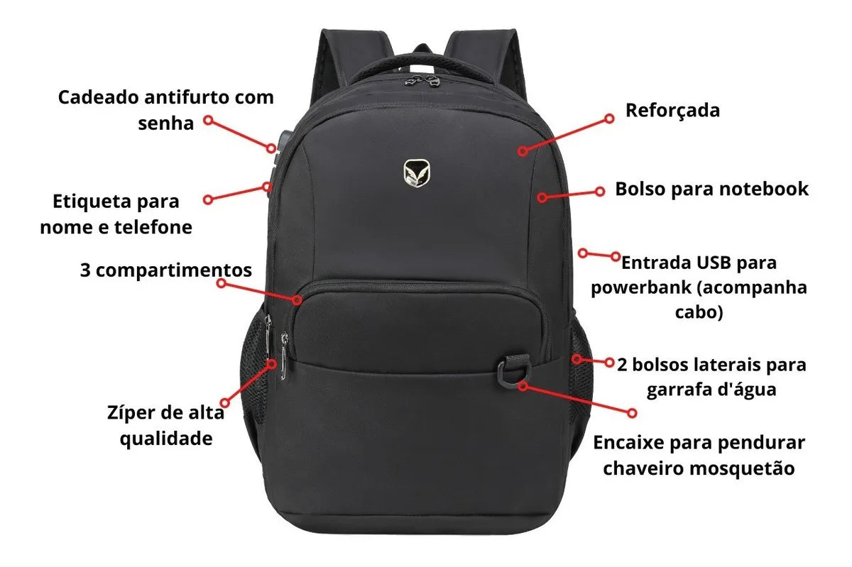 Mochila Executiva AntiFurto Cadeado Senha Home Office