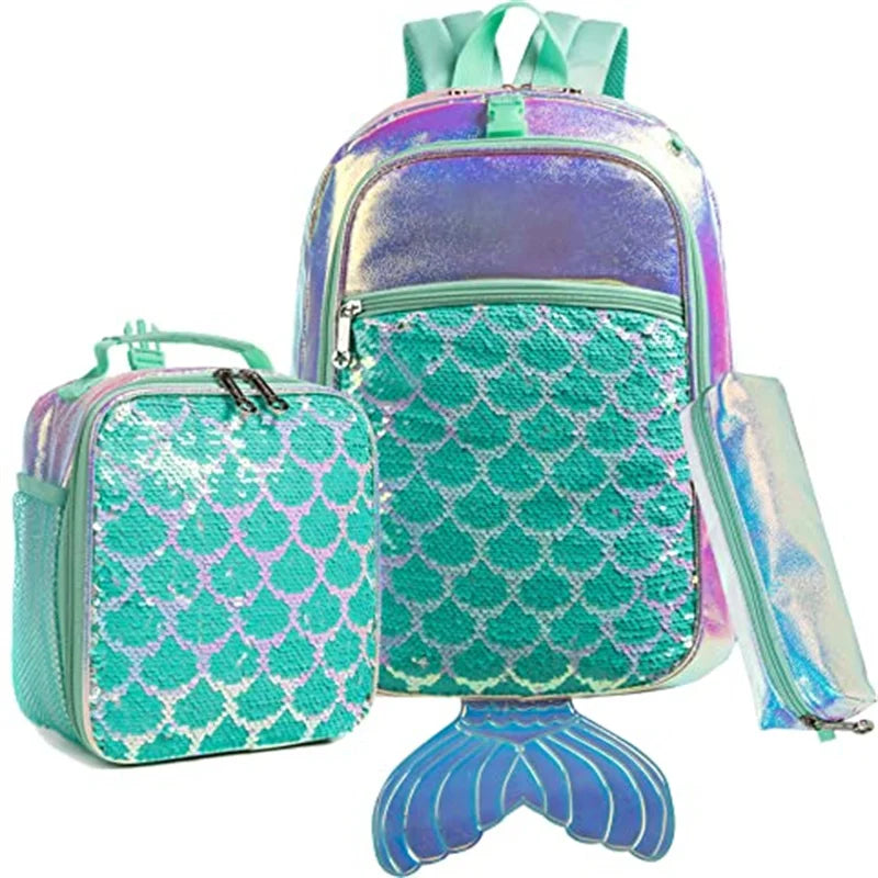 Kit Escolar Feminino Menina Sereia - Mochila + Lancheira + Estojo