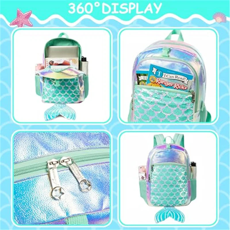 Kit Escolar Feminino Menina Sereia - Mochila + Lancheira + Estojo