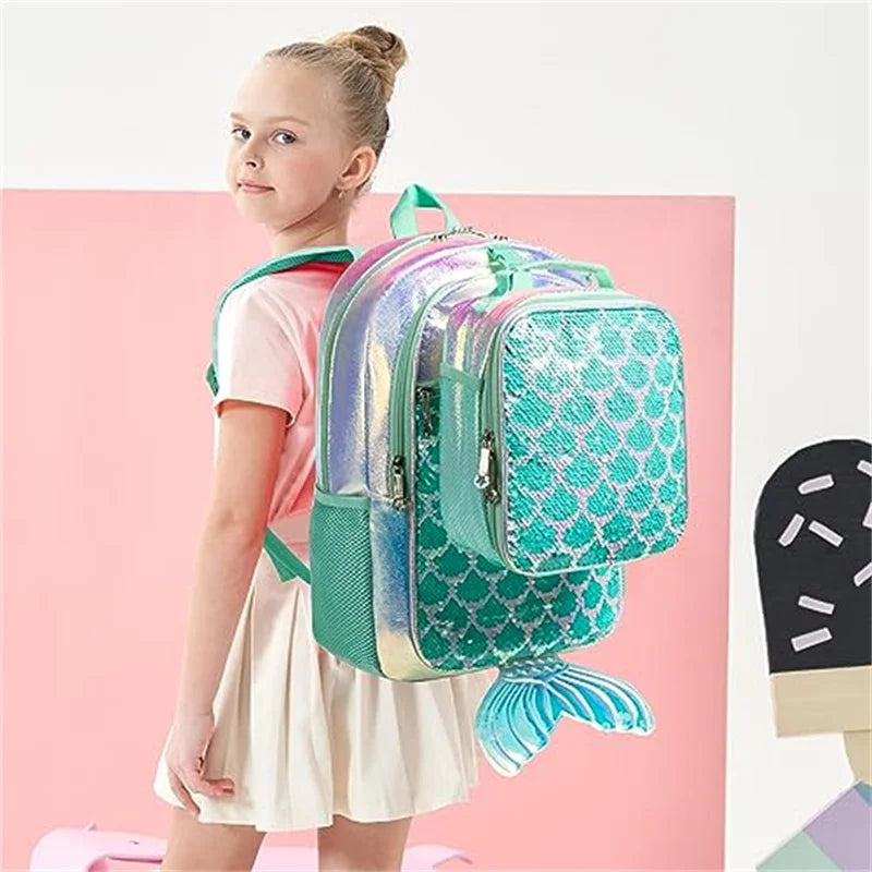 Kit Escolar Feminino Menina Sereia - Mochila + Lancheira + Estojo