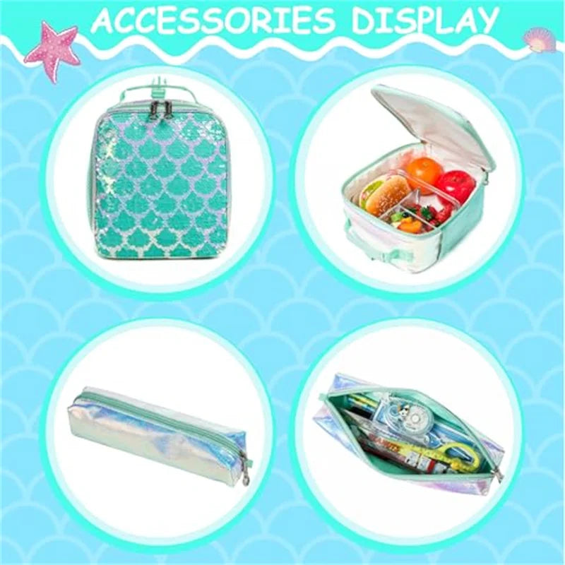 Kit Escolar Feminino Menina Sereia - Mochila + Lancheira + Estojo